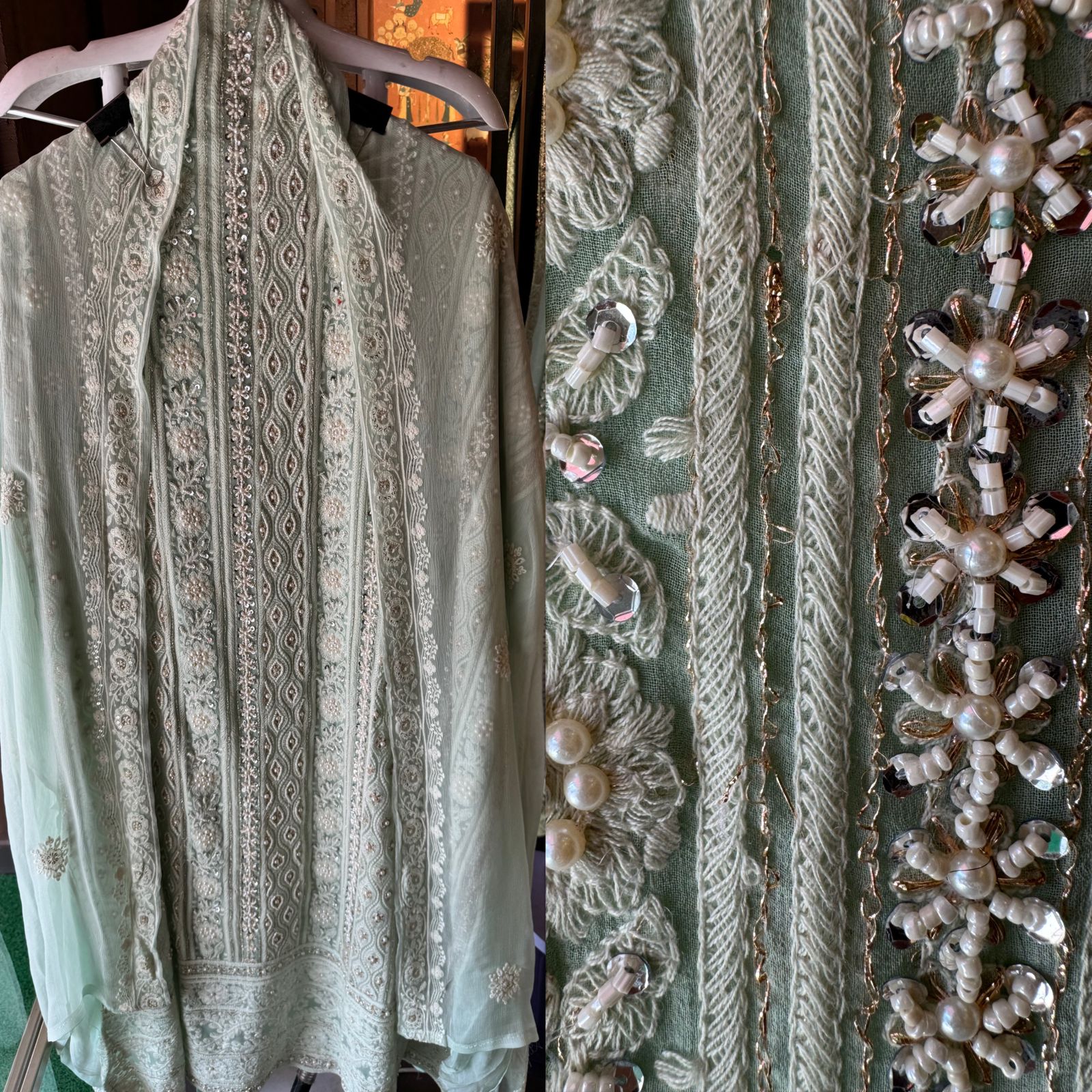 Pure Georgette Suits with Handwork done (Pearl work) with Pure chiffon embroidered Dupatta